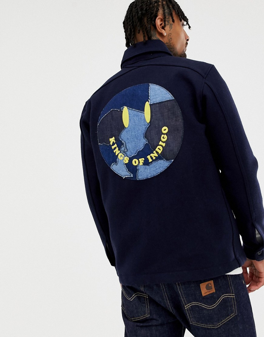 Kings Of Indigo recycled wool worker jacket with smile back in navy