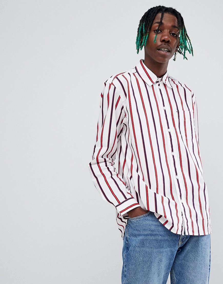 Tommy Jeans Capsule Bold Icon Stripe Shirt Flag Logo Relaxed Regular Fit in Red/White/Blue - Multi