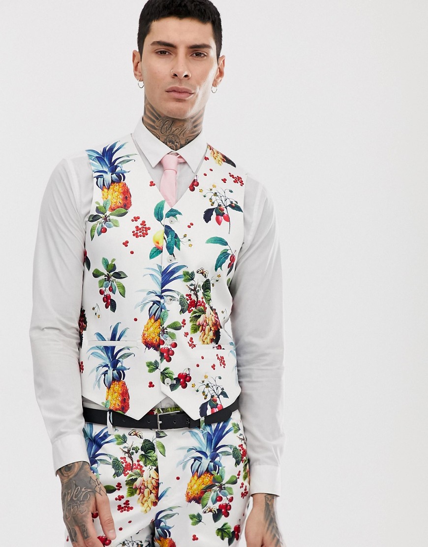 ASOS DESIGN wedding super skinny suit waistcoat with all over fruit floral print