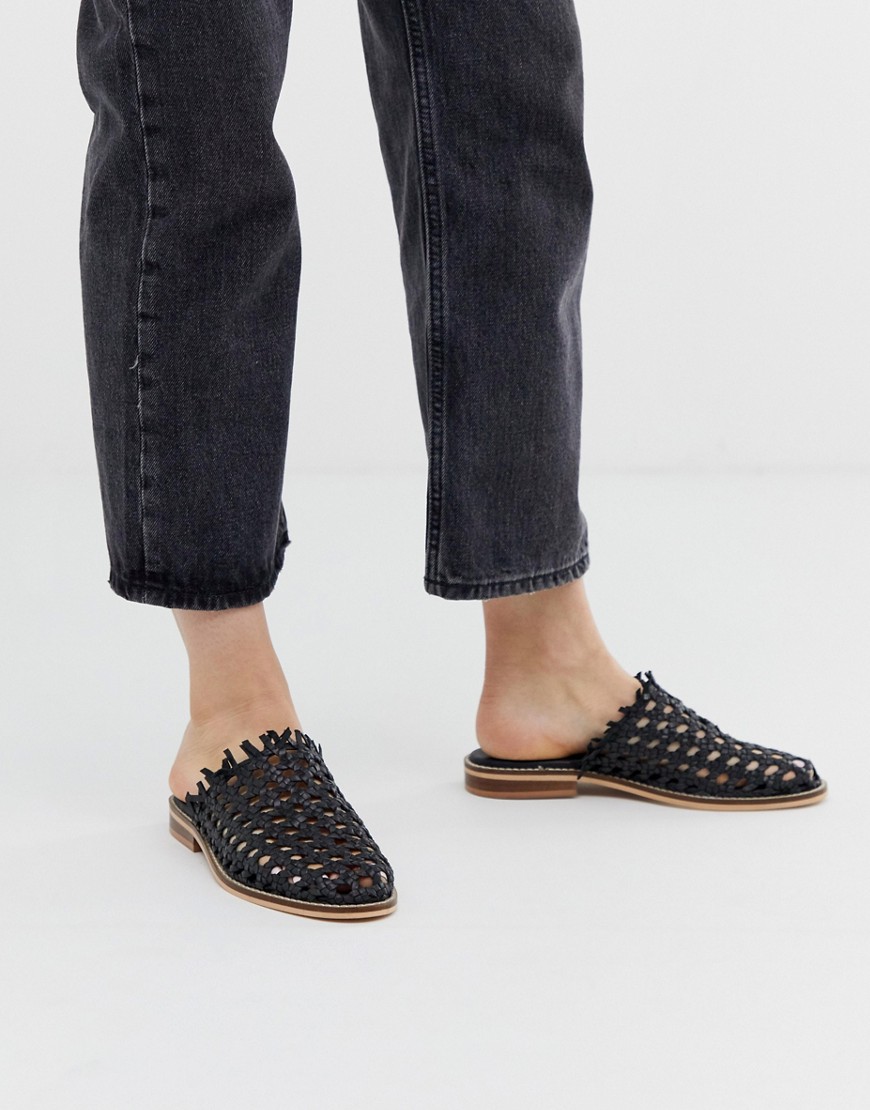 FREE PEOPLE FREE PEOPLE MIRAGE LEATHER WOVEN SLIP ON FLAT SHOES-BLACK,OB966606