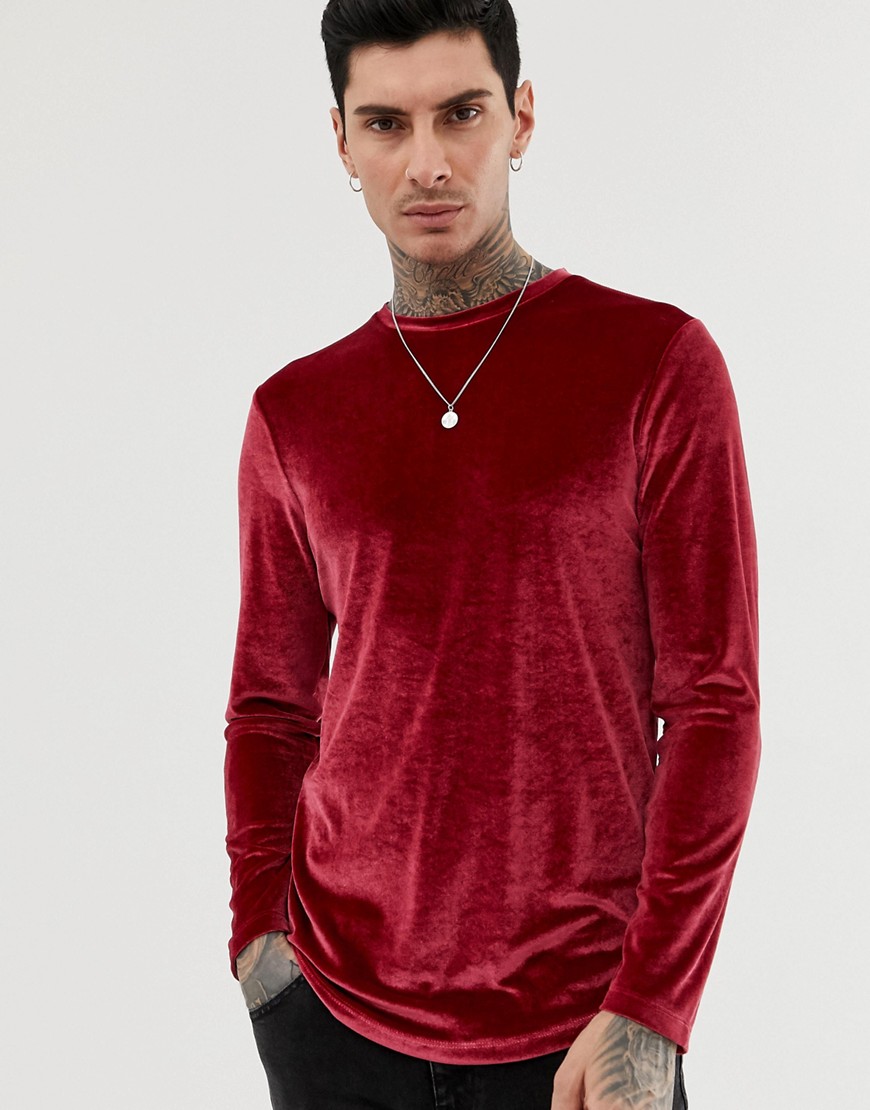 ASOS DESIGN muscle longline long sleeve t-shirt with stretch in velour with curved hem in oxblood