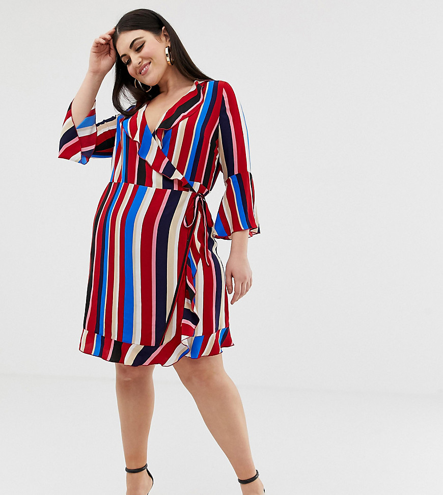 Outrageous Fortune Plus ruffle wrap dress with fluted sleeve in stripe