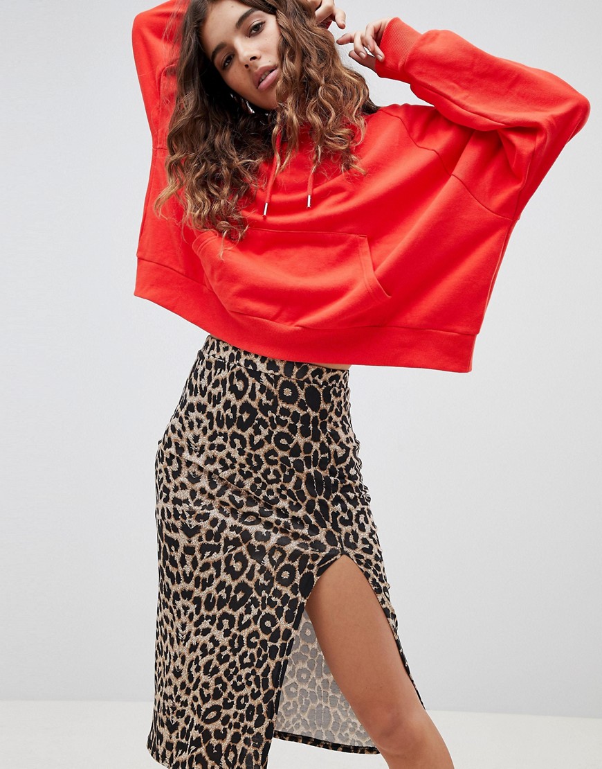 Daisy Street Midi Skirt With Split In Leopard - Leopard