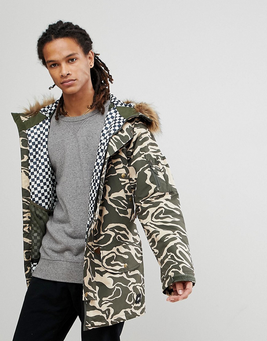 Analog Frazier snowboard insulated parka with detachable faux fur hood in camo