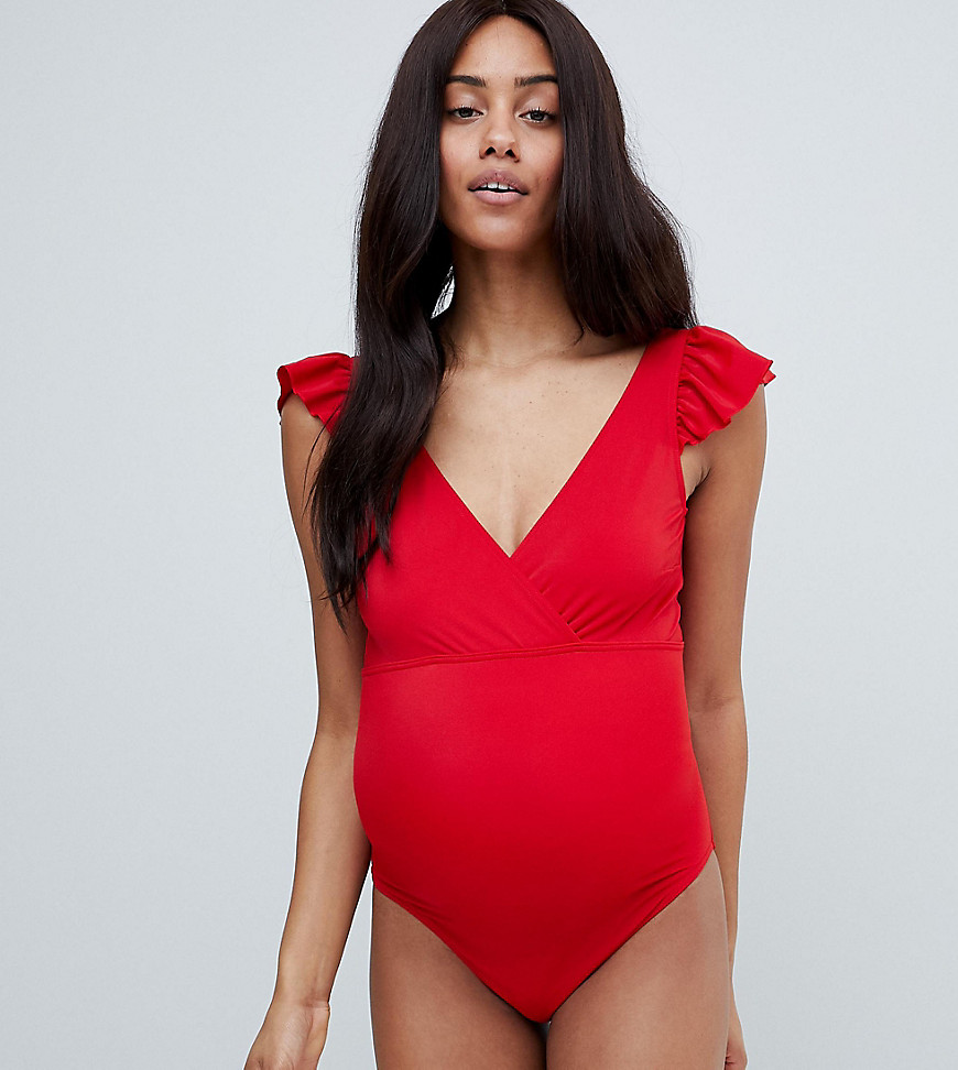 ASOS DESIGN Maternity Wrap Front Swimsuit With Frill Sleeve Detail - Red