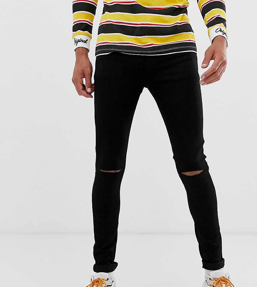 Asos Design Tall Spray On Jeans In Power Stretch Denim In Black With Knee Rip