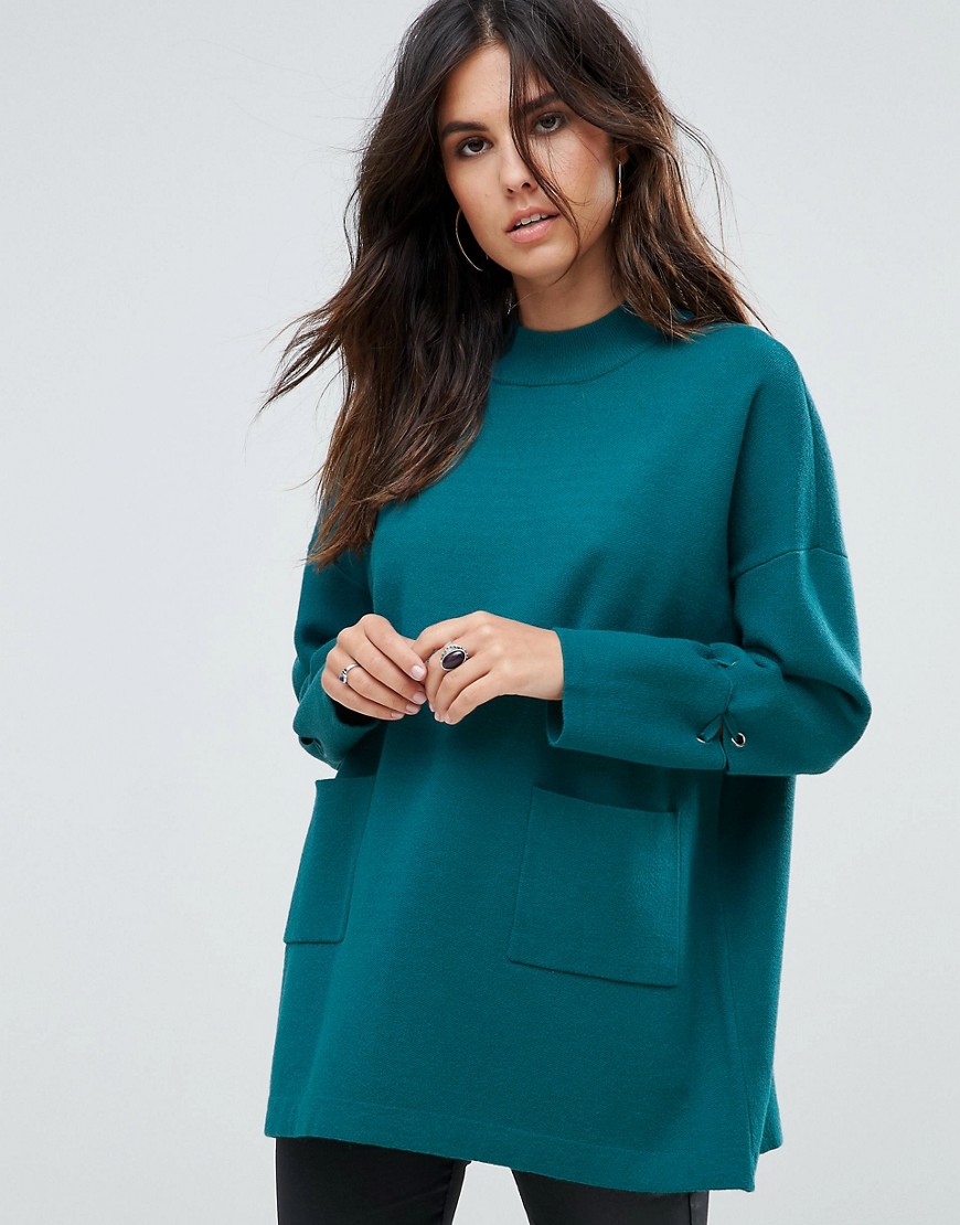 Liquorish Long Turtleneck Jumper With Front Pockets And Lacing Detail On Sleeves - Bottle green