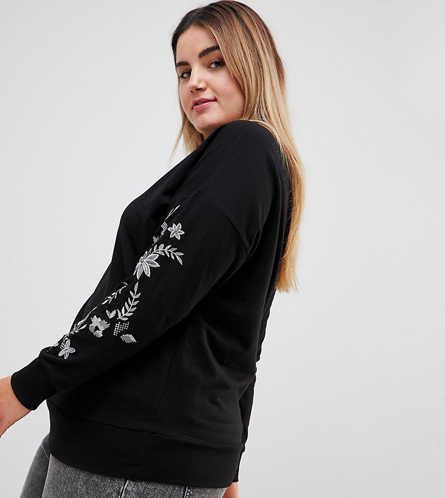New Look Curve Embroidered Sleeve Sweat Top - Black