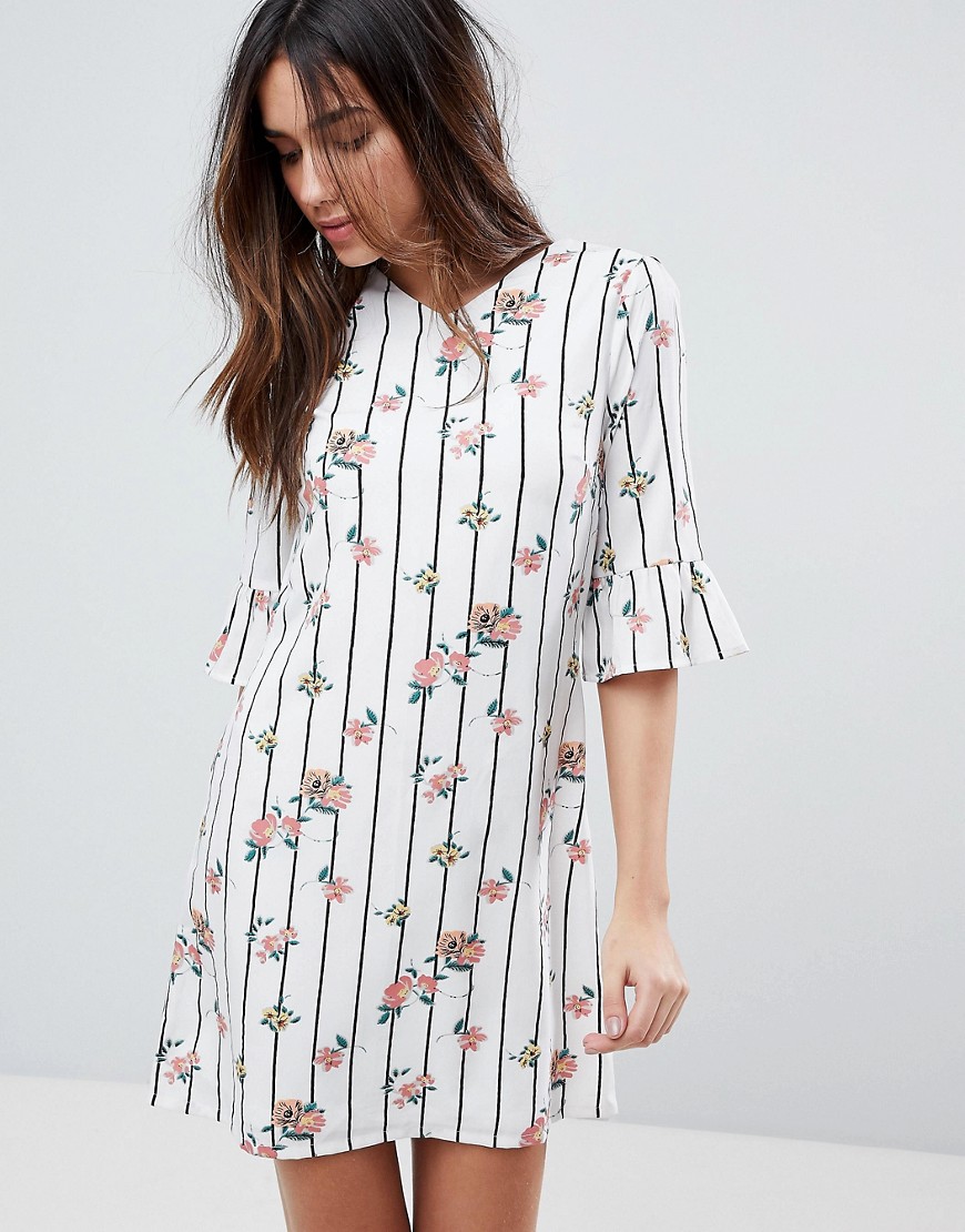 Yumi Frill Sleeve Shift Dress in Stripe Floral Print - White