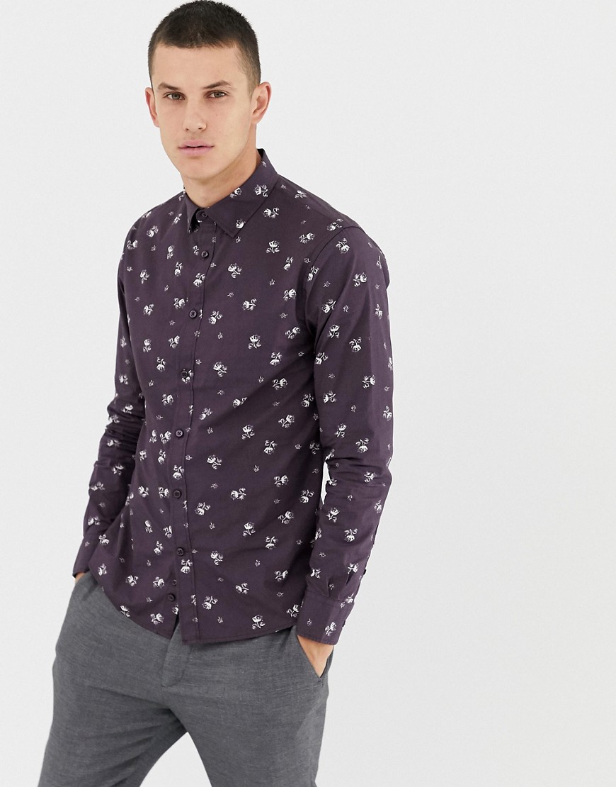Celio slim fit long sleeve shirt with small floral print in purple