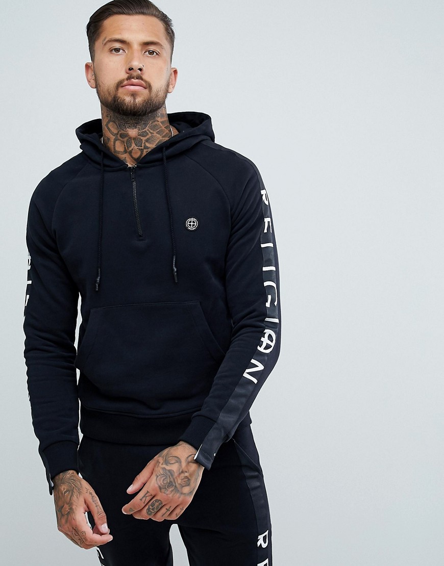 Religion hoodie with pockets and arm taping in black - Black