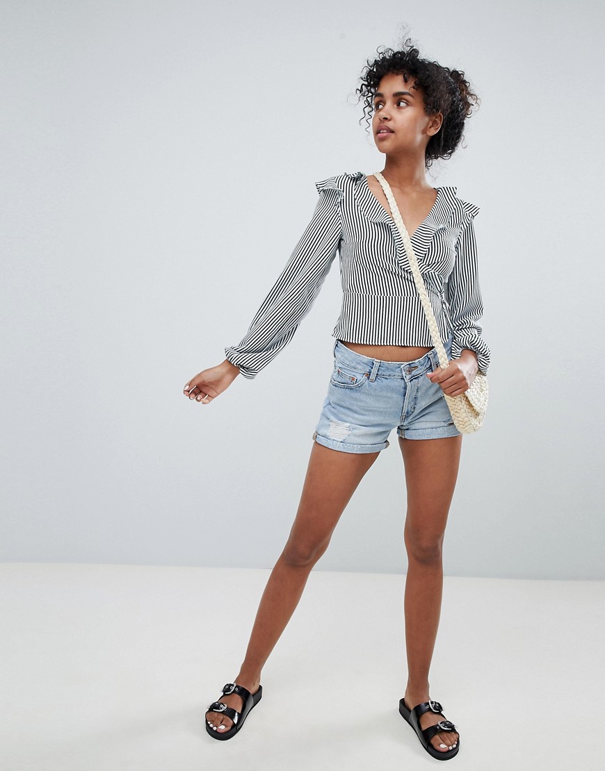 Monki distressed denim shorts with organic cotton in light blue