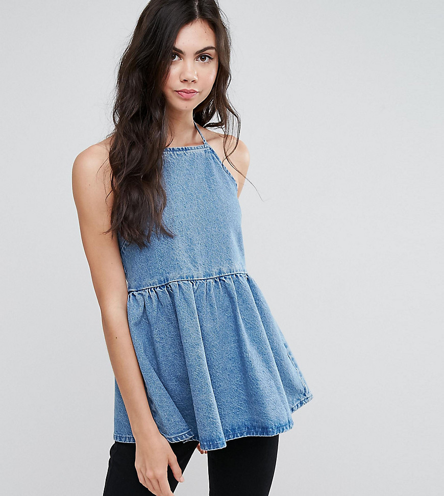 ASOS TALL Denim Square Neck Top With Frill Hem in Midwash Blue - Midwash