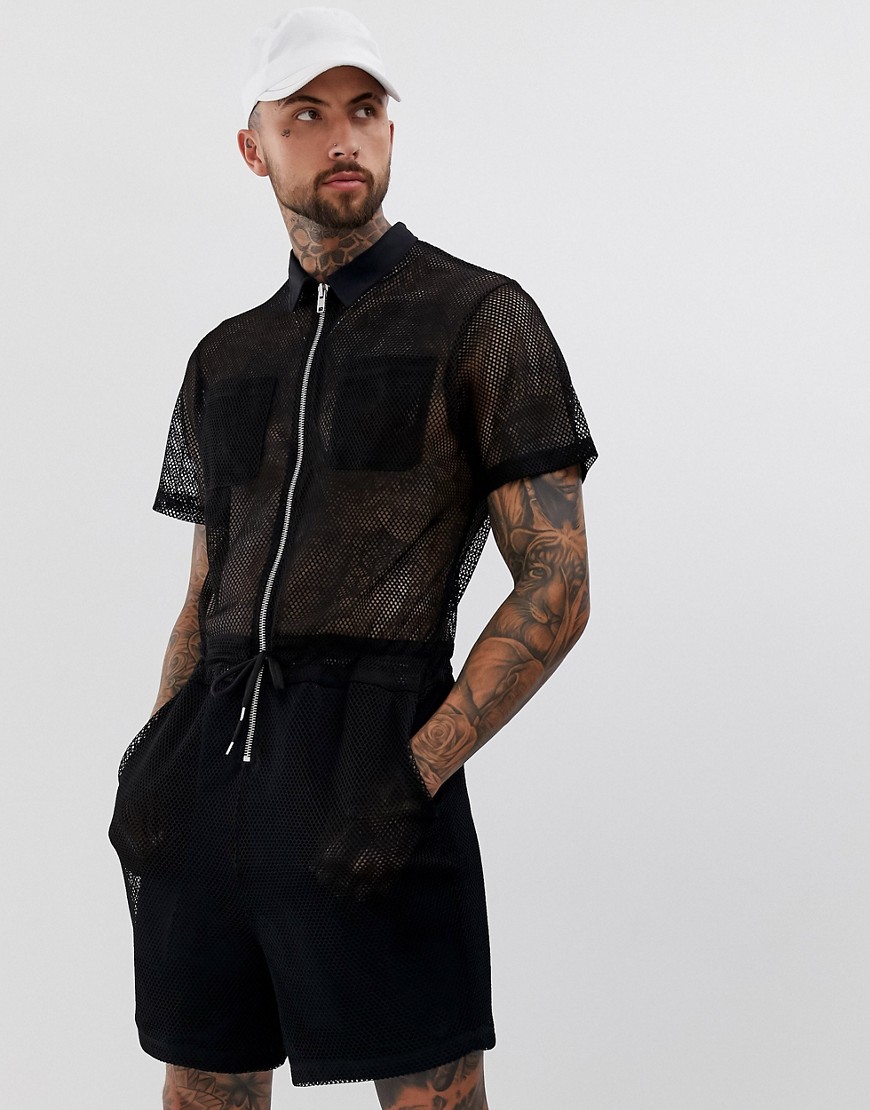 ASOS DESIGN mesh short jumpsuit with gold zips in black