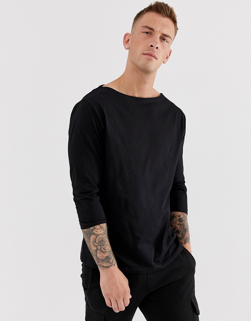 Asos Design Relaxed 3/4 Sleeve T-shirt With Boat Neck In Black | ModeSens