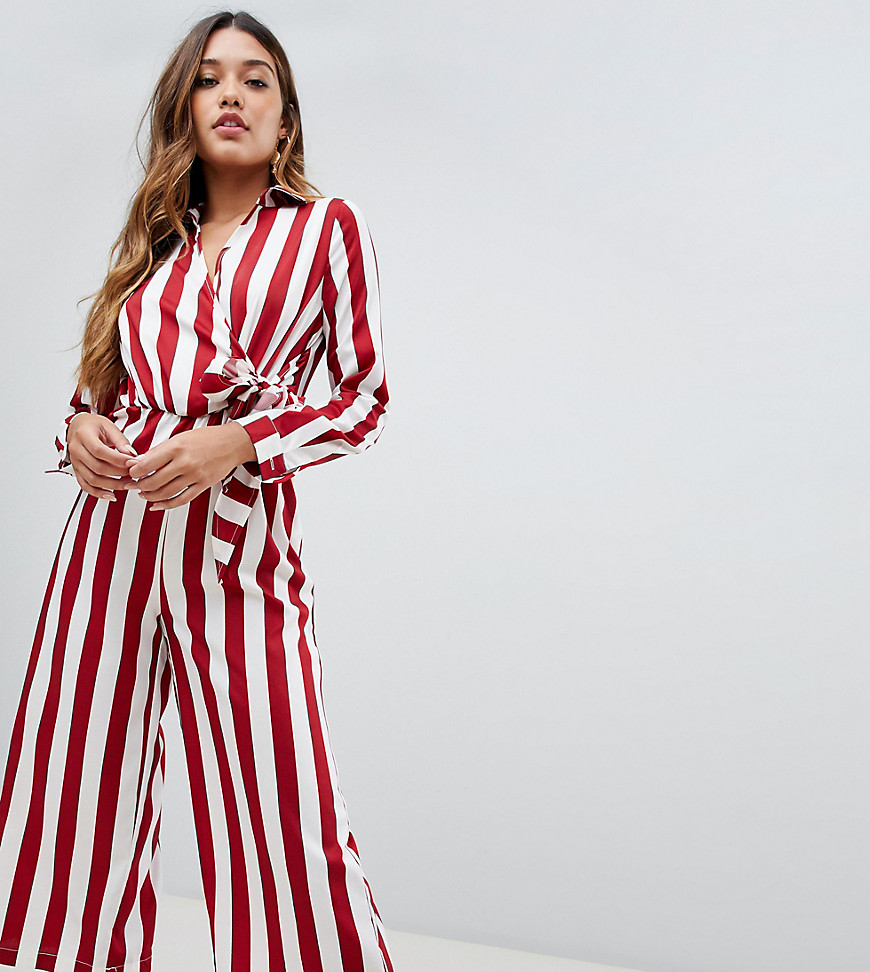 Boohoo tie side culotte jumpsuit in red and white stripe