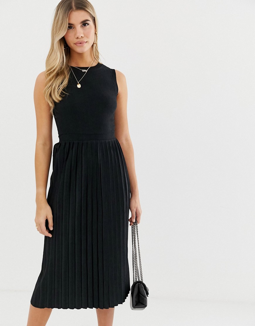 ASOS DESIGN textured midi dress with pleated skirt in black