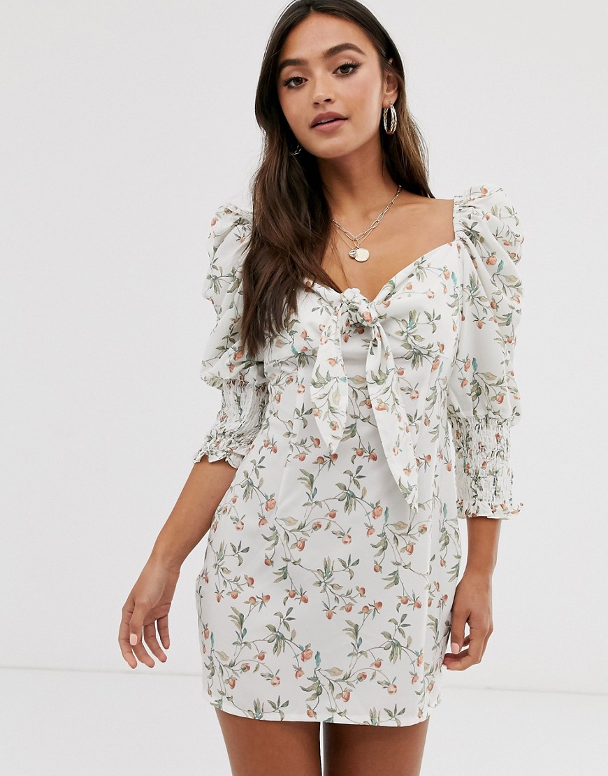 In The Style x Laura Jade white floral print tie front puff shoulder mini dress