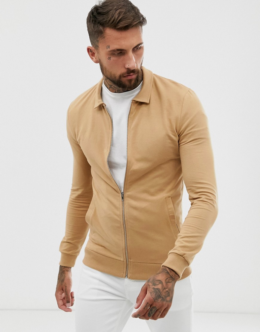 ASOS DESIGN muscle harrington jersey jacket in tan