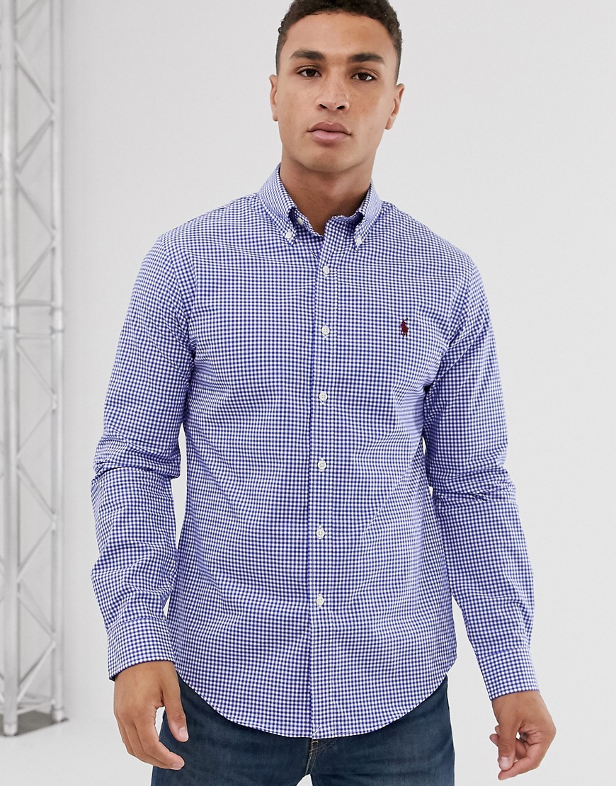 Polo Ralph Lauren slim fit stretch poplin shirt in blue gingham with player logo