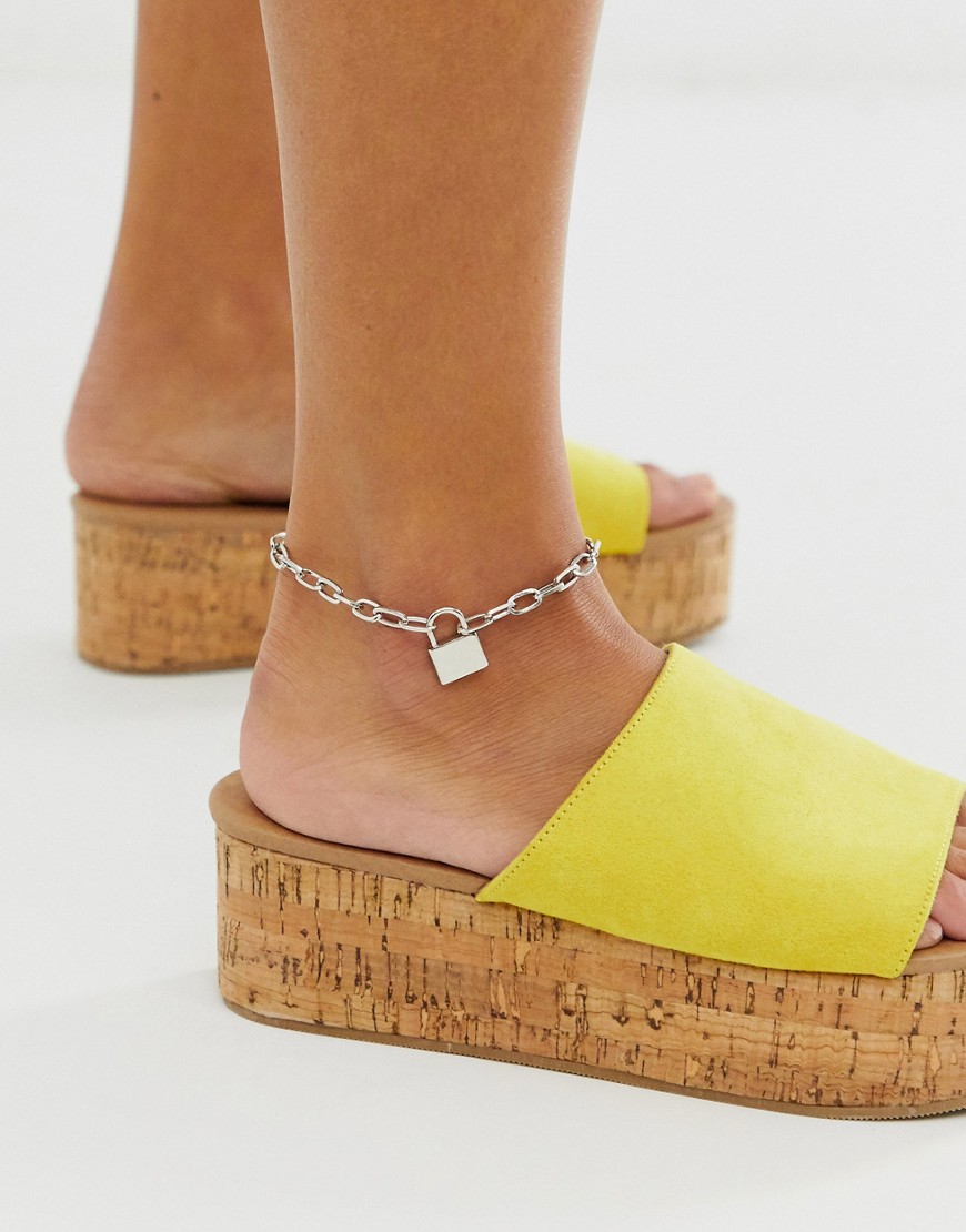 Asos Design Anklet In Hardware Chain With Padlock In Silver Tone