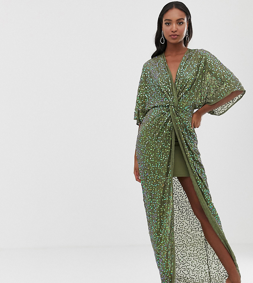 ASOS DESIGN Tall scatter sequin knot front kimono maxi dress
