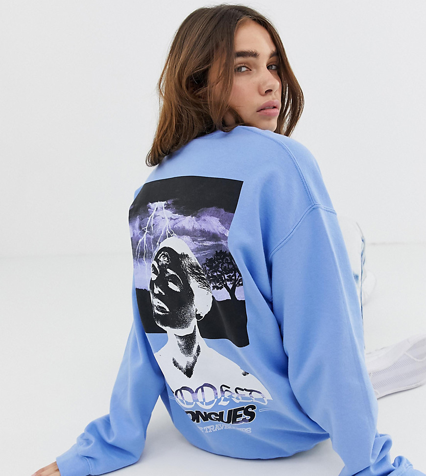 Crooked Tongues oversized sweatshirt in blue with mystic timetraveller print