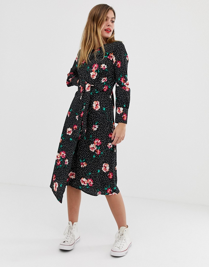 Influence knot front asymmetric wrap dress in floral and polka dot print
