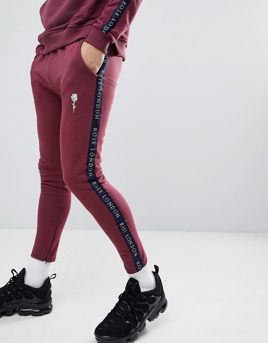 Rose London Skinny Joggers In Burgundy With Side Stripes - Burgundy