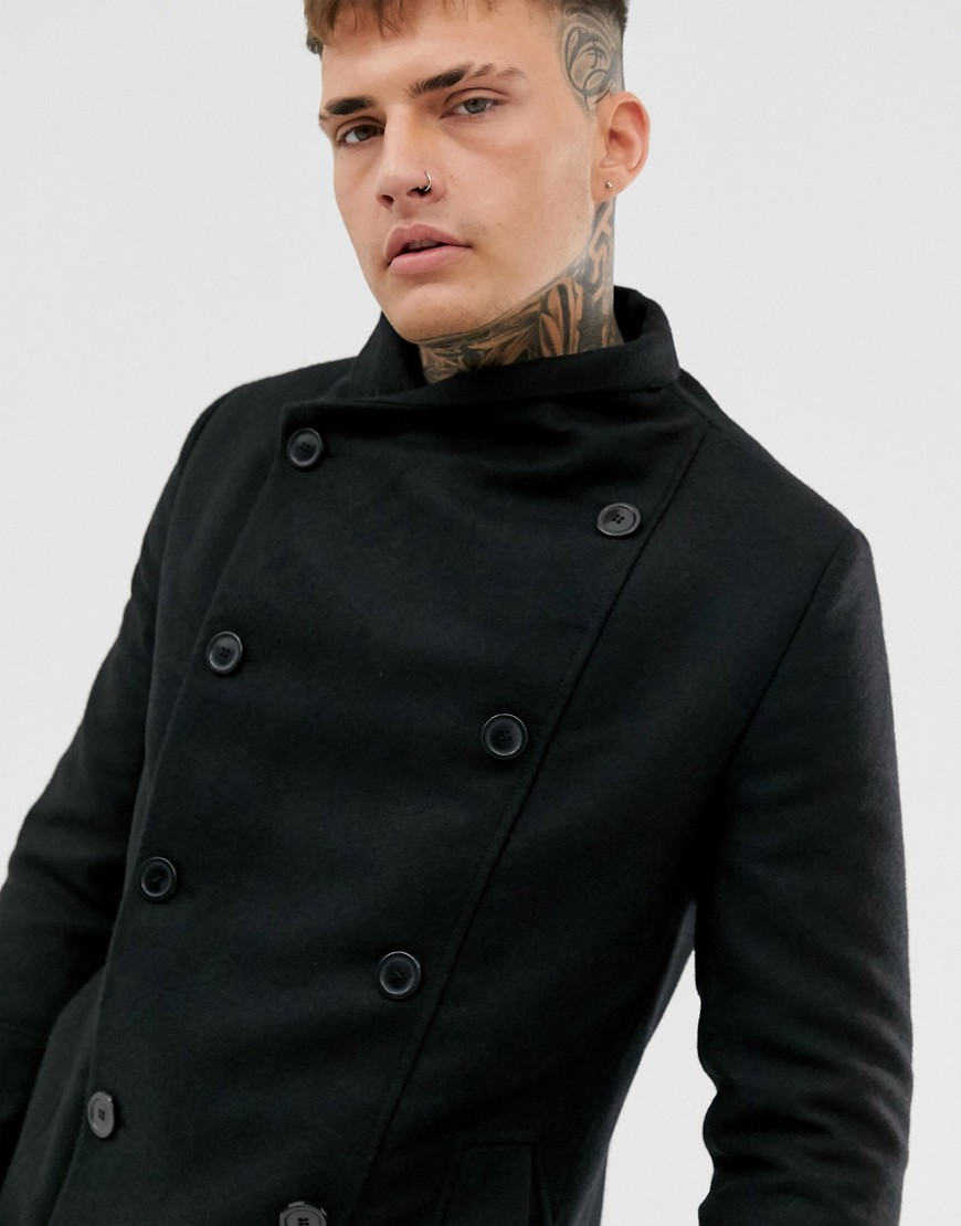 Religion double breasted funnel neck overcoat with pockets in black