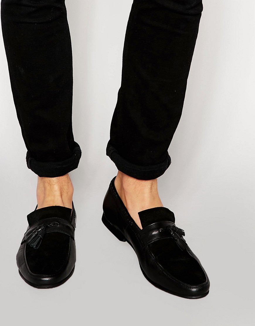 ASOS | ASOS Tassel Loafers in Black Leather With Woven Lace at ASOS