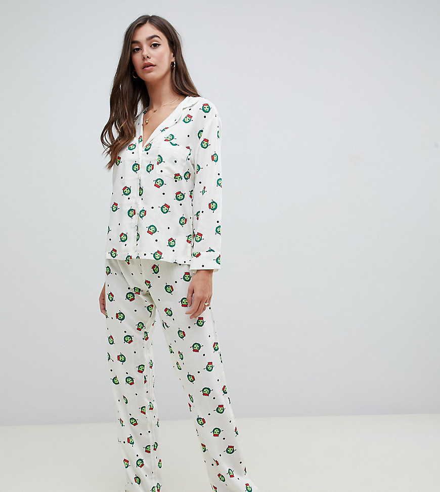 ASOS DESIGN Tall christmas sprout traditional shirt and trouser pyjama set