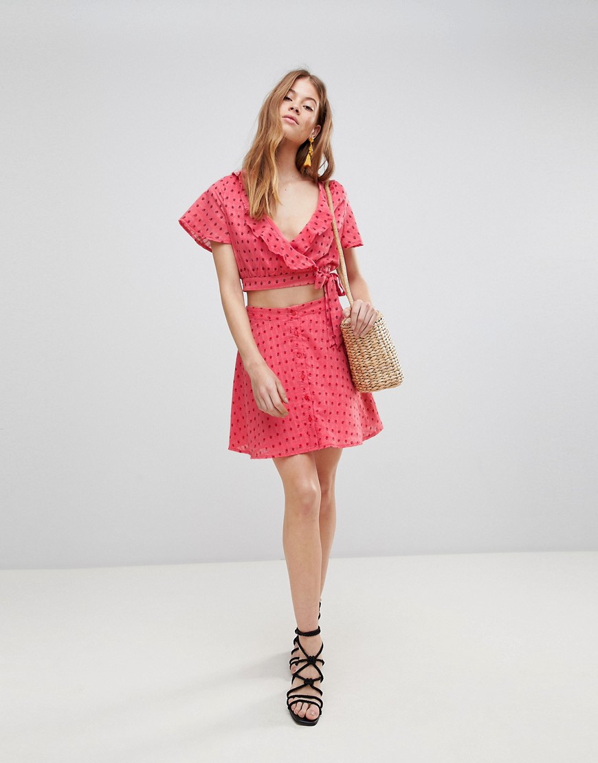 Glamorous Mini Skirt With Button Front In Ditsy Rose Co-Ord - Coral rosebud