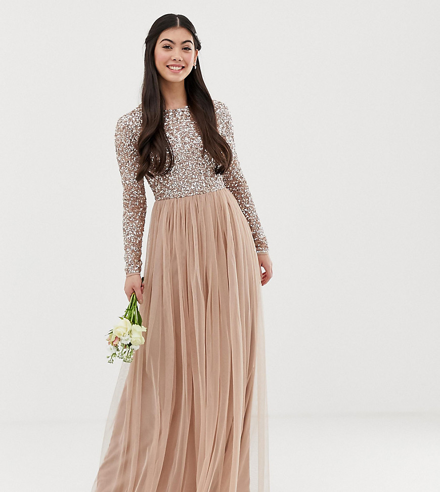 Maya Petite Bridesmaid long sleeve maxi tulle dress with tonal delicate sequins in taupe blush