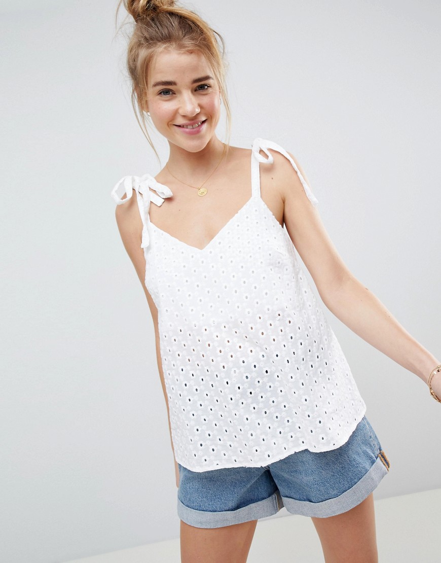 Asos Design Swing Tank With Tie Shoulder In Broderie-white