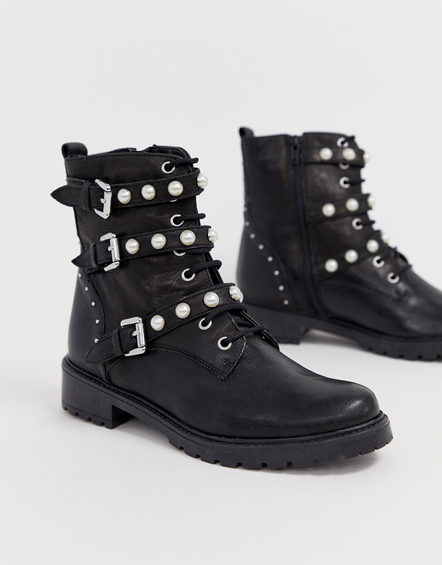 Dune Risky black leather buckle ankle boot