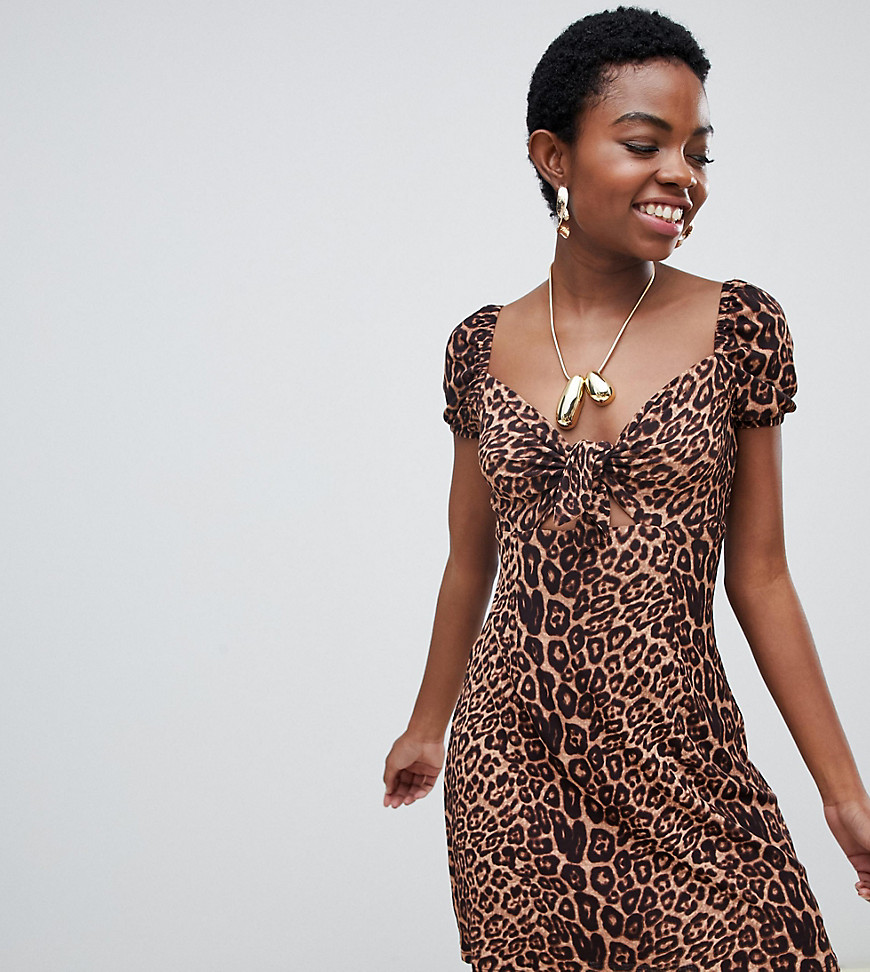 Glamorous Petite tie front tea dress in leopard print