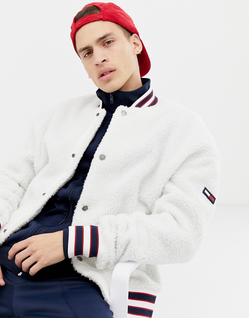 Tommy Jeans teddy bomber jacket with icon stripe trim in white
