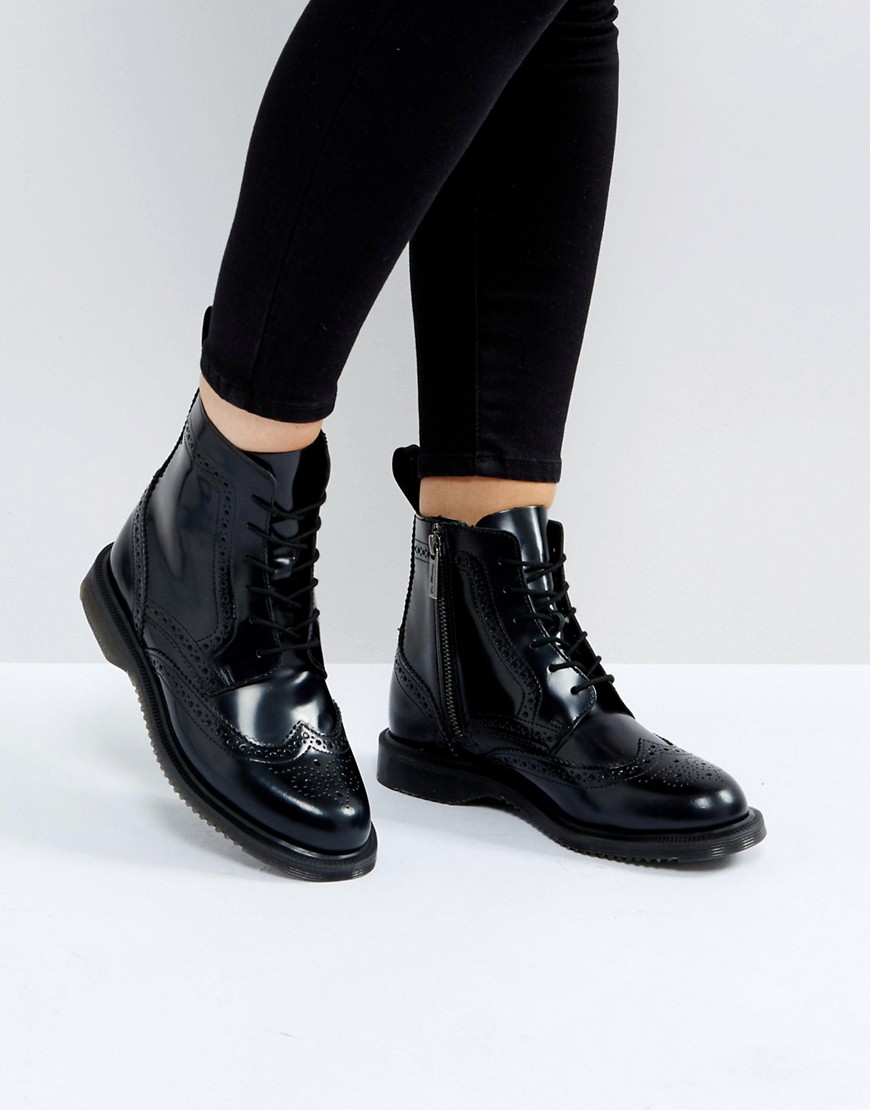 Dr Martens Kensington Delphine Brogue Black Lace Up Ankle Boots - Black polished smoot