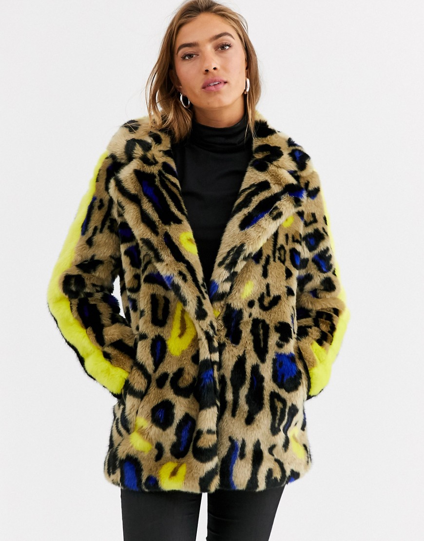 Urbancode faux fur coat in bright leopard and stripe sleeve