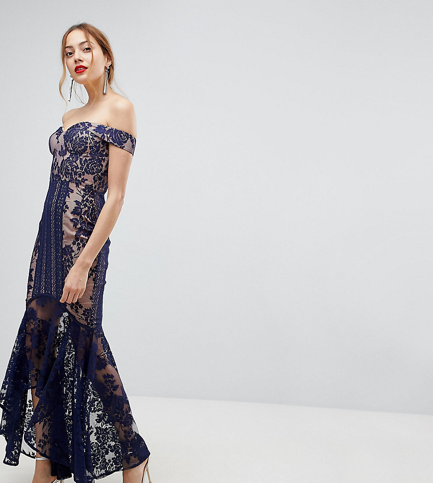 Jarlo Tall All Over Lace Off Shoulder Fishtail Midi Dress - Navy