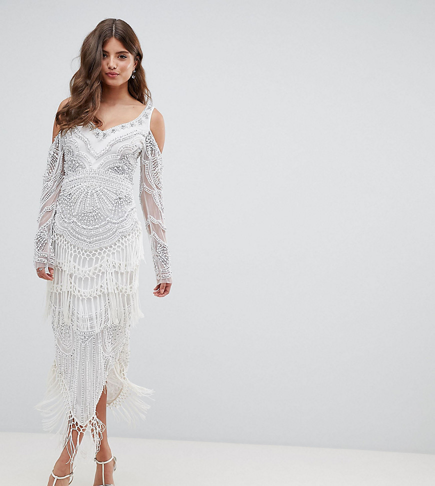 A Star Is Born Bridal Embellished Midaxi Dress with Tassel Hem - White