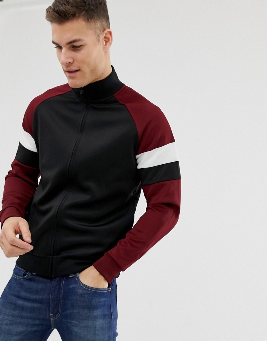 Pier One track top in black with burgundy striped sleeves