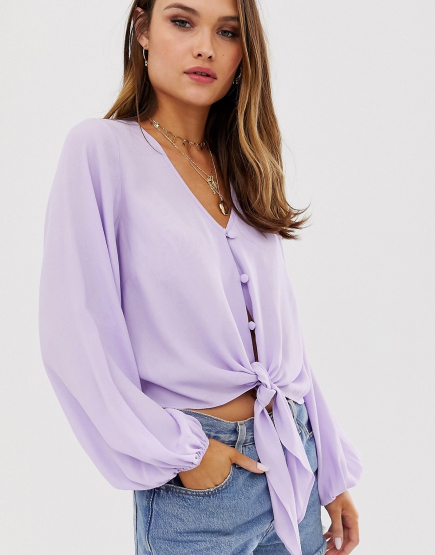Asos Design Long Sleeve Button Front Top With Tie Detail-purple | ModeSens