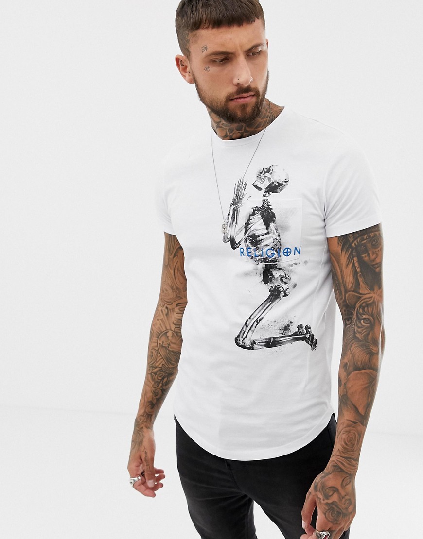 Religion muscle fit t-shirt with praying skeleton print