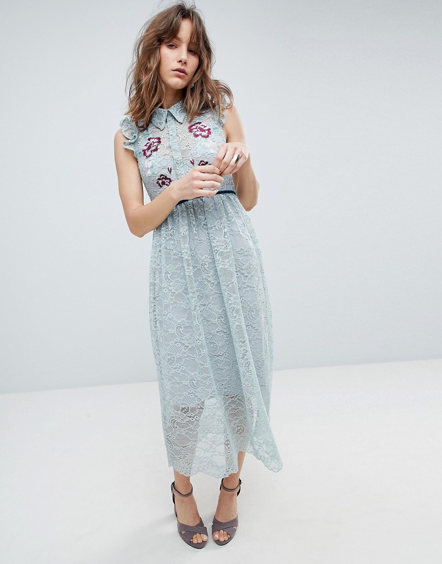 Hope & Ivy All Over Lace Midi Dress With Embroidery Detail