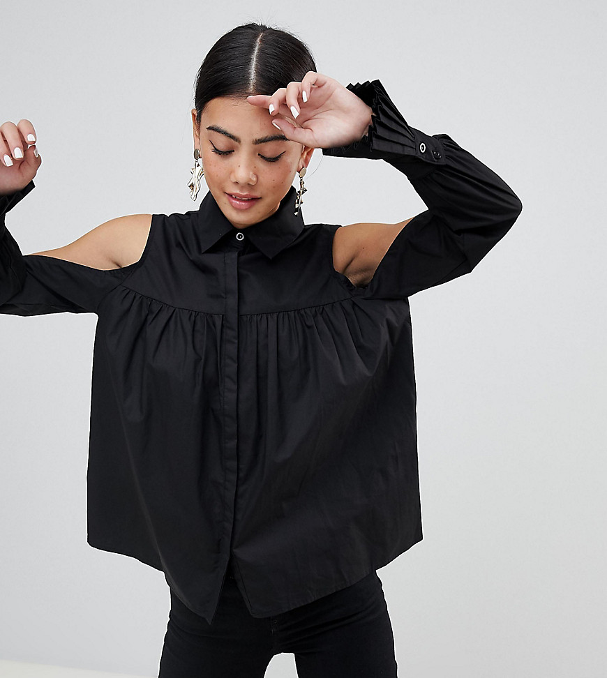 Lost Ink Petite Cropped Shirt With Cold Shoulder And Frill Cuffs