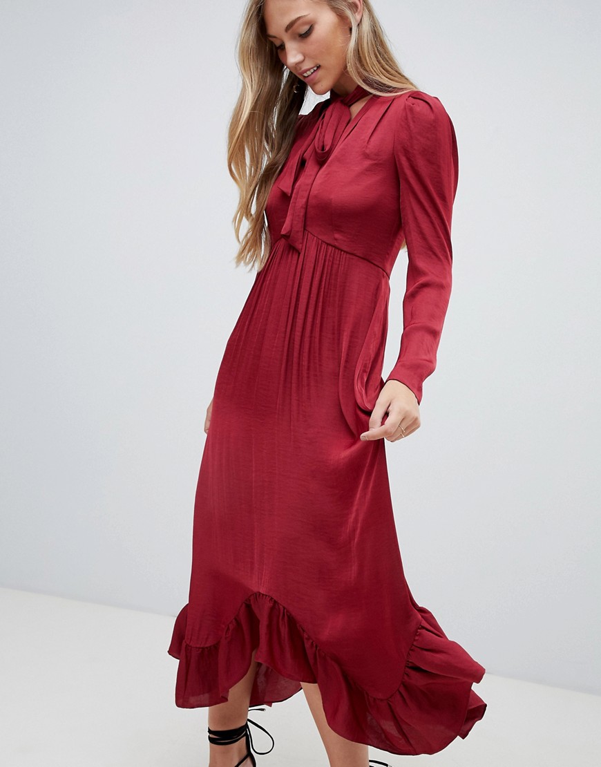 Forever New plunge front midi dress with ruched sleeve and pussybow in burgundy