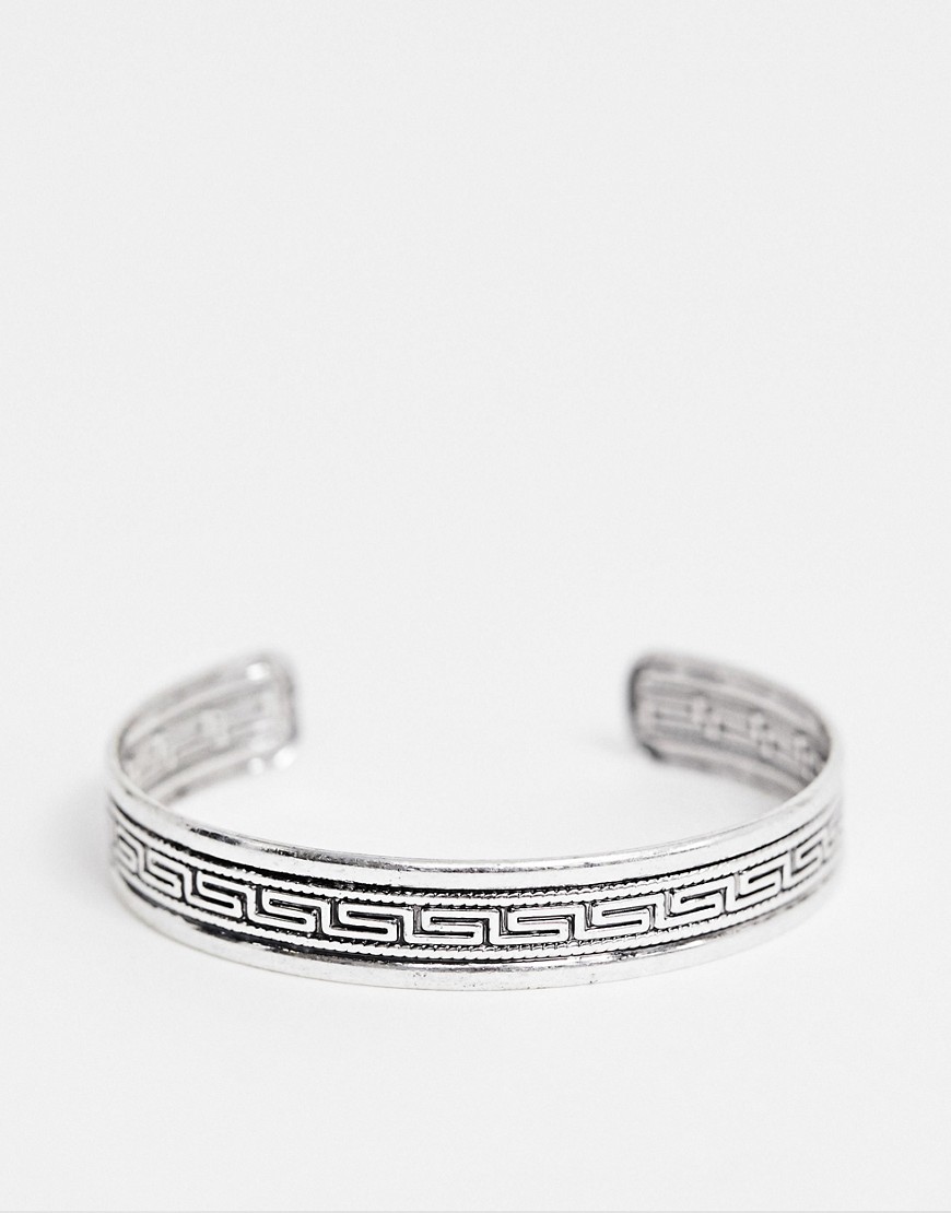 Asos Design Adjustable Bangle With Column Embossing In Burnished Silver Tone