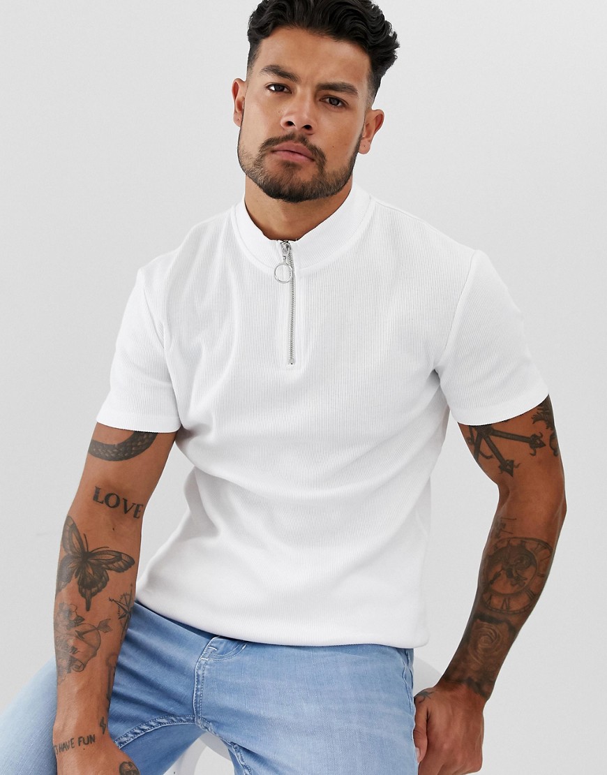 ASOS DESIGN skinny rib t-shirt with stretch and turtle zip neck in white